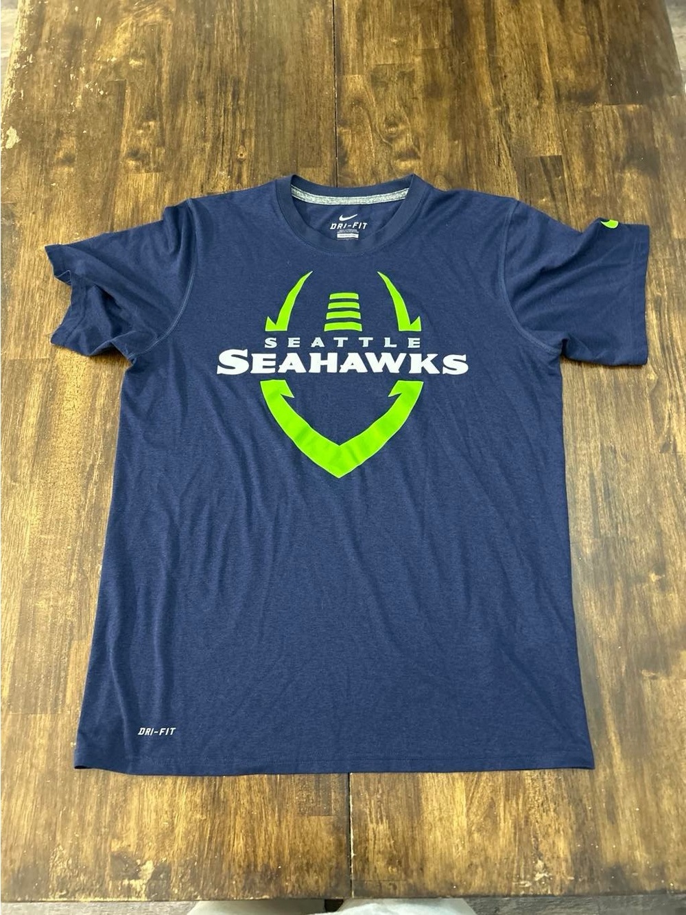 Nike Men's Navy Seattle Seahawks Graphic Tee with Neon Green Logo